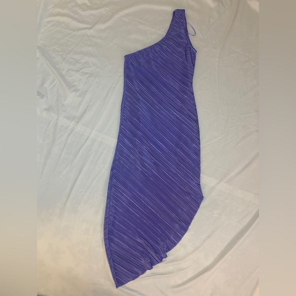 Purple shimmery one shoulder asymmetrical maxi dress